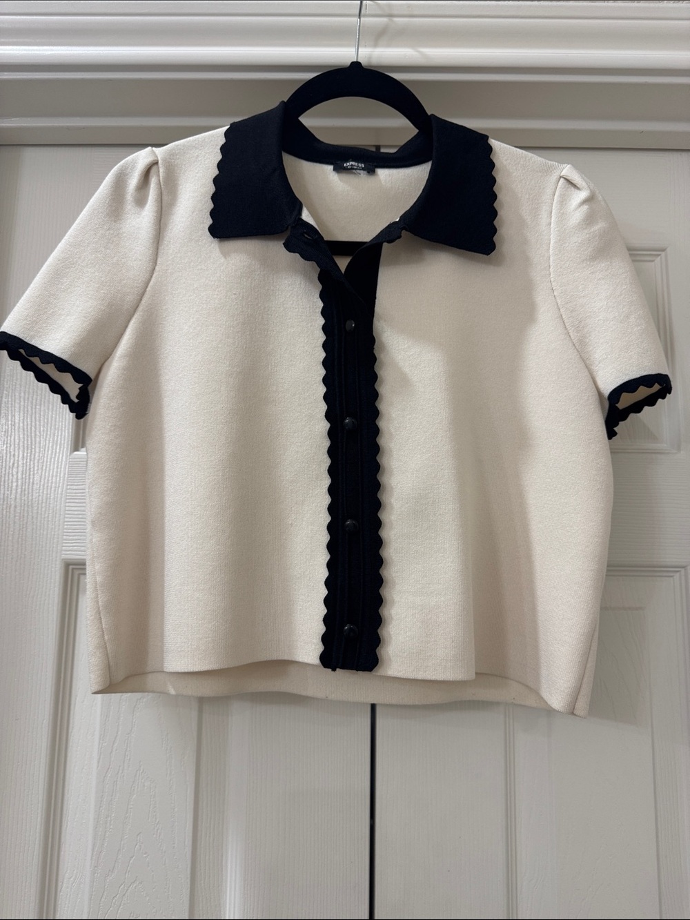 Express Cream and Black Short Sleeve Scalloped Button Up Top